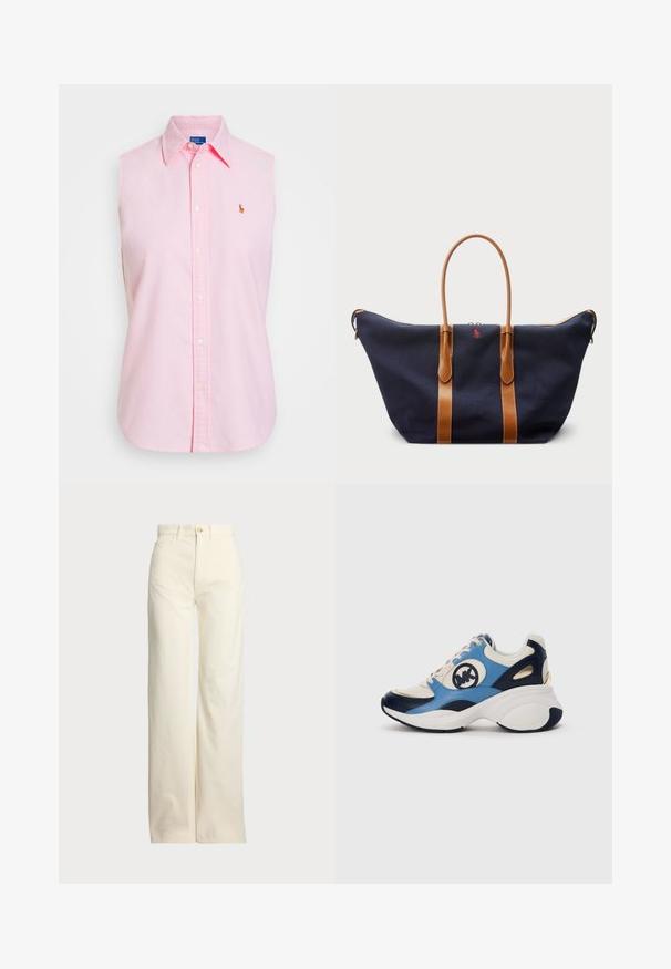 Γυναικείο αμάνικο πουκάμισο ροζ από βαμβάκι με κουμπιά μπροστά, κωνικό γιακά και ελαφρώς κεντημένο λογότυπο στην αριστερή πλευρά του στήθους. Λείο ύφασμα και άνετη εφαρμογή.; Polo Ralph Lauren COTTON CORDUROY WIDE-LEG PANT - Παντελόνι - warm white; Λευκά, ναυτικά και ανοιχτό μπλε σουέτ αθλητικά παπούτσια με χοντρή σόλα και κυκλικό κεντητό λογότυπο στο πλάι.; Ναυτικό καμβά σάκος duffel με καφέ δερμάτινες ιμάντες, κλείσιμο με φερμουάρ και μικρή κόκκινη λεπτομέρεια λογότυπου μπροστά, με ευρύ, ευρύχωρο σχεδιασμό.