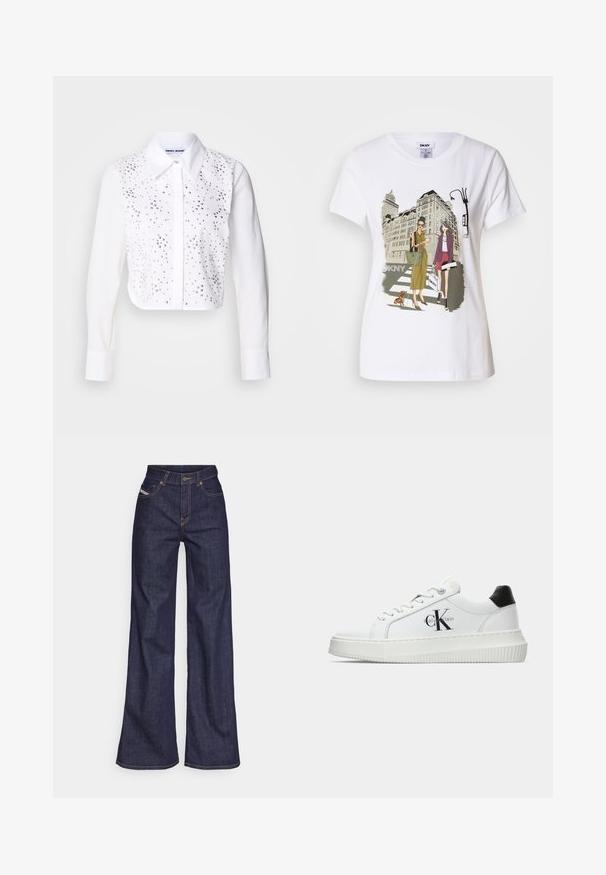 Vit kortärmad skjorta med krage, prydd med silverfärgade nitar framtill. Knäppning fram, långa ärmar med manschetter.; Vitt bomulls-T-shirt med en tryckt illustration av två kvinnor i urbana mode stilar med en hund på ett övergångsställe och stadens byggnader.; Mörkblå vida jeans i denimtyg med hög midja, med orange sömmar, femficksdesign och knappstängning.; Vit lågtopp sneakers med svart hälflik, platåsål, snörning och Calvin Klein "CK" logotyp på sidan.