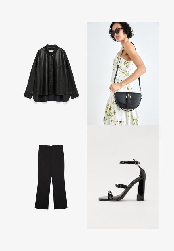 Camicia nera in pelle con colletto a punta, chiusura frontale con bottoni, taschino singolo sul petto, maniche lunghe e vestibilità rilassata, con orlo inferiore a contrasto.; Pantaloni neri a gamba dritta, con tasche frontali e spacchi laterali all'orlo. Realizzati in tessuto morbido e liscio. Adatti a diverse occasioni.; Sandali con tacco in vernice nera, con punta squadrata, cinturini alla caviglia e fibbie in argento. Presentano un tacco a blocco spesso per maggiore stabilità.; Borsa a tracolla nera in pelle con una forma curva, manico rimovibile e accessori dorati. La borsa presenta una patta con un dettaglio a fibbia.