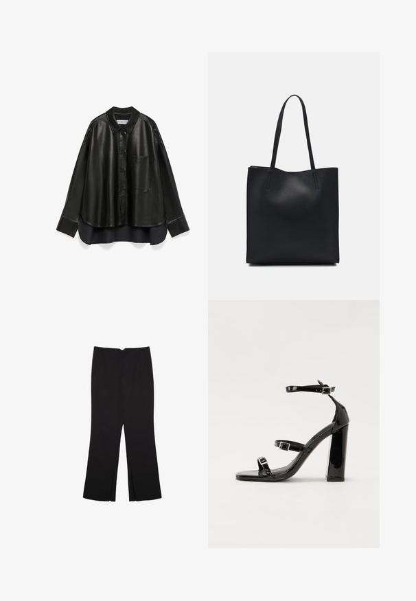 Czarna skórzana koszula z wywijanym kołnierzem, zapięciem na guziki z przodu, pojedynczą kieszenią na piersi, długimi rękawami i luźnym krojem, z kontrastowym dolnym brzegiem.; Czarne spodnie o prostym kroju, z przednimi kieszeniami i bocznymi rozcięciami na dole. Wykonane z miękkiego, gładkiego materiału. Odpowiednie na różne okazje.; Czarne lakierowane sandały na obcasie z kwadratowym noskiem, z paskami wokół kostki i srebrnymi klamrami. Posiadają masywny słupek dla stabilności.; Czarna skórzana torba tote o gładkiej fakturze, prostokątnym kształcie i dwóch długich uchwytach. Brak widocznych elementów metalowych i ozdób.