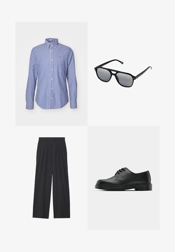 Camisa de botones con rayas verticales azul y blancas, un cuello puntiagudo y mangas largas con puños a rayas en contraste.; Pantalones de pierna ancha hechos de tela gris oscura. Cuenta con pliegues en la cintura, un diseño a medida y una silueta recta.; Zapato oxford de cuero negro con diseño de cordones, punta redonda, suela de goma plana y un sutil detalle de costura en la parte superior.; Gafas de sol negras con montura rectangular, lentes ahumados grises y diseño con corte en el puente. Material plástico brillante y elegante, con varillas estrechas.