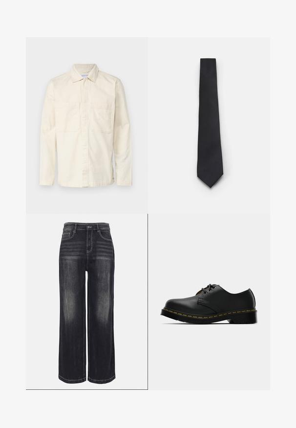 Chemise beige clair à manches longues en mélange de coton, dotée d'un col, d'une fermeture à boutons sur le devant et de deux poches poitrine. Texture lisse.; T-shirt en coton blanc avec un col rond, des manches courtes et une coupe décontractée. Présente un design uni sans motifs ni accents.; Jean large en denim noir délavé, présentant des coutures visibles, cinq poches et une fermeture à bouton à la taille.; Chaussures en cuir noir avec un bout rond, un laçage, des coutures jaunes le long de la semelle, et une semelle en caoutchouc noir épaisse pour une meilleure traction.; Cravate noire étroite avec un motif en diagonale texturé et côtelé. Présente une pointe et une finition lisse. Convient aux tenues formelles.
