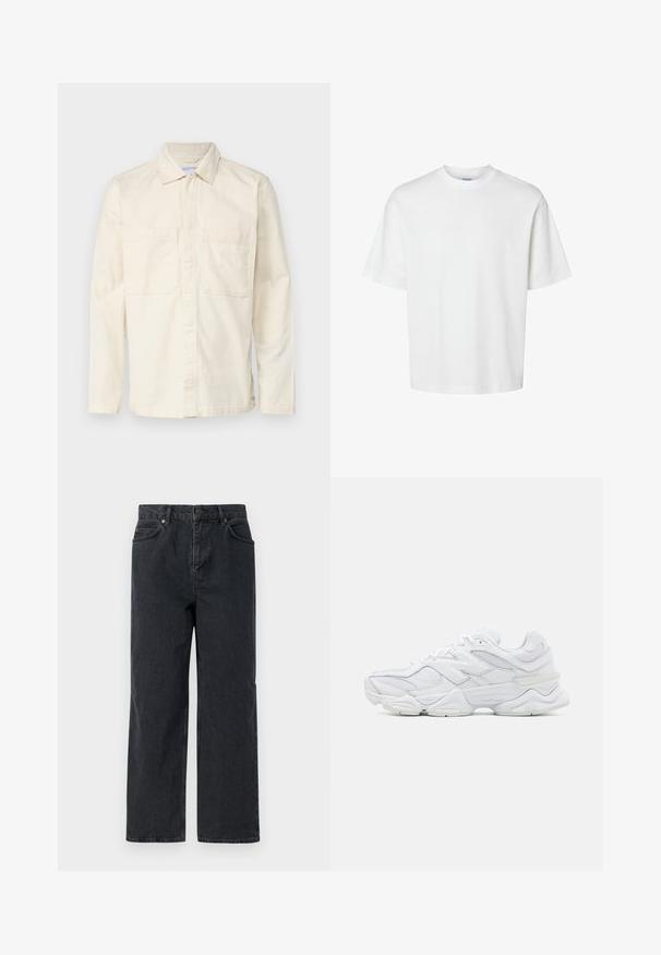 Chemise beige clair à manches longues en mélange de coton, dotée d'un col, d'une fermeture à boutons sur le devant et de deux poches poitrine. Texture lisse.; T-shirt en coton blanc à manches courtes, col rond et coupe décontractée. Texture lisse sans motifs ou accents visibles.; Pantalons en denim bleu foncé à jambe large, avec un design à cinq poches et une fermeture à bouton. Comprend des accessoires en ton cuivre et une texture subtile.; Baskets blanches de sport avec une tige en mesh et cuir, bout rond, design superposé et semelle rembourrée pour le confort.