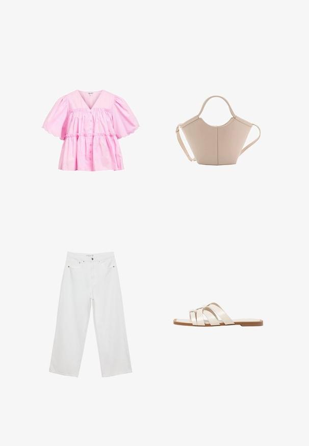 Blouse rose avec un décolleté en V, des manches courtes bouffantes, un ourlet festonné et un devant boutonné. Fabriquée en coton léger avec une coupe ample et froncée.; Jean large blanc en denim avec taille haute, comportant cinq poches et des accents en métal. Texture lisse, sans motifs visibles.; Sandales plates avec une semelle en caoutchouc beige, conçues avec trois brides en cuir blanc se chevauchant et un petit nœud au centre.; Sac à main en cuir beige avec une forme unique, doté de deux poignées courtes et d'une longue sangle réglable. Texture lisse avec un minimum de matériel.