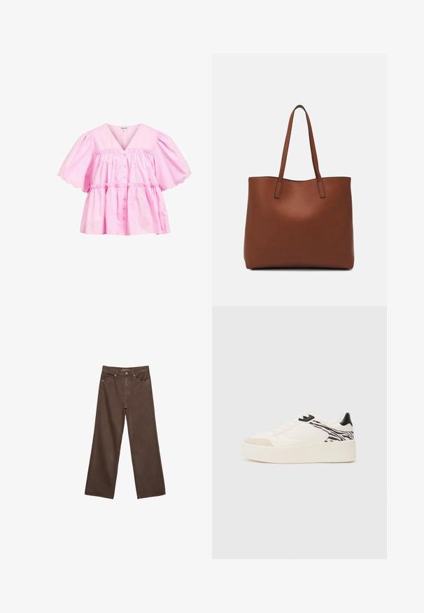 Lyserød bluse med V-udskæring, korte puffærmer, bølget kant forneden og knaplukning. Fremstillet af letvægtsbomuld med en sammensamlet, afslappet pasform.; Bredde ben brun denim jeans med høj talje, forlommer og klassisk knaplukning. Glat tekstur med diskret syninger.; Even&Odd Sneakers - white/black; Brun læder tote taske med en glat overflade, åben topdesign og to skulderremme. Har minimal syning og ingen synlig hardware.