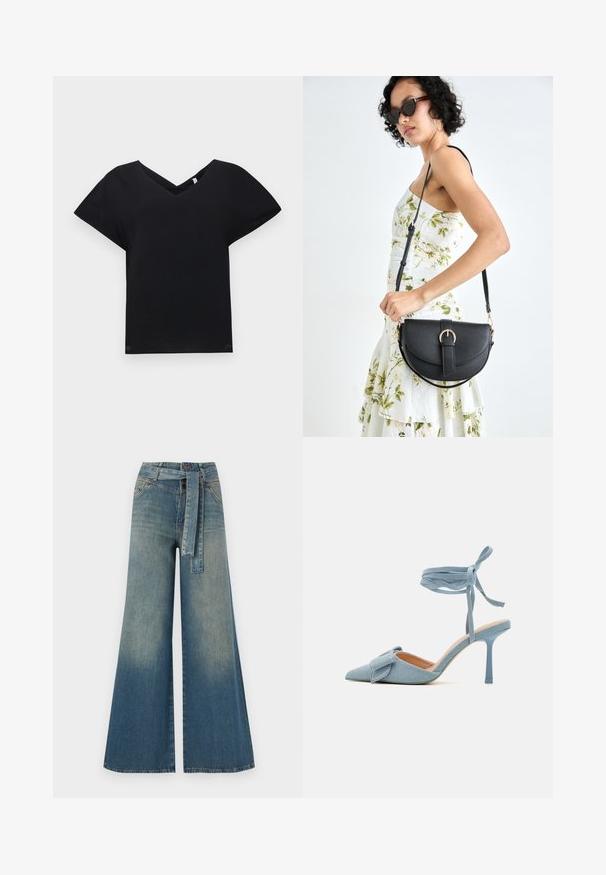 Czarny t-shirt z dekoltem w serek i krótkimi rękawami, wykonany z gładkiego materiału. Ma luźny krój i unikalny wzór krzyżujących się pasków przy dekolcie.; Szerokie spodnie dżinsowe z gradientem od jasnoniebieskiego do ciemnoniebieskiego, wysokim stanem, szlufkami na pasek oraz pasującym paskiem z tkaniny. Teksturowany wykończenie dżinsu.; Czółenka na wysokim obcasie z ostrym noskiem w jasnoniebieskim materiale o teksturowanym wykończeniu, z akcentem w postaci kokardy i paskiem wokół kostki zapewniającym stabilne dopasowanie.; Czarna skórzana torebka o zakrzywionym kształcie, z odpinanym paskiem i złotymi akcentami. Torebka posiada klapę z zapięciem w kształcie klamry.