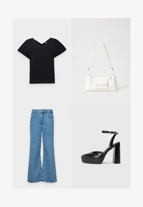 T-shirt preta com decote em V e mangas curtas, feita de tecido suave. Apresenta um corte descontraído e um design cruzado único na linha do pescoço.; Jeans de brim azuis claros, com corte à boca de sino, apresentando uma cintura alta, cinco bolsos e um fecho de botão único. Textura macia com acabamento desbotado.; Saltos altos pretos com bico fino e atilho ajustável no tornozelo. Confeccionados em couro suave, apresentam um salto bloco robusto.; Mala sintética branca com formato triangular, aba frontal plana e detalhe de laço, alça ajustável, textura suave e design minimalista.
