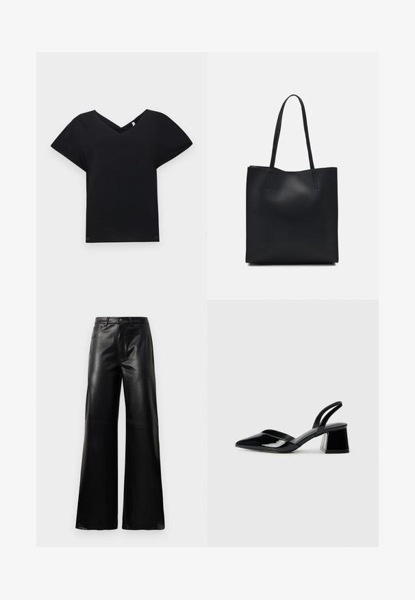 Schwarzes V-Ausschnitt-T-Shirt mit kurzen Ärmeln, aus glattem Stoff gefertigt. Verfügt über einen lockeren Schnitt und ein einzigartiges Überkreuzdesign am Ausschnitt.; Schwarze leichte, weit geschnittene, hochtaillierte Kunstlederhose mit vorderem Knopf, Reißverschluss, Gürtelschlaufen und Seitentaschen auf weißem Hintergrund.; Schwarze Lackleder-Slingback-High Heels mit spitzem Schuh und einem geometrischen Blockabsatz. Verfügt über ein schlankes, minimalistisches Design und eine glatte Textur.; Schwarze Laptoptasche aus Leder mit glatter Textur, rechteckiger Form und zwei langen Griffen. Keine sichtbaren Beschläge oder Verzierungen.