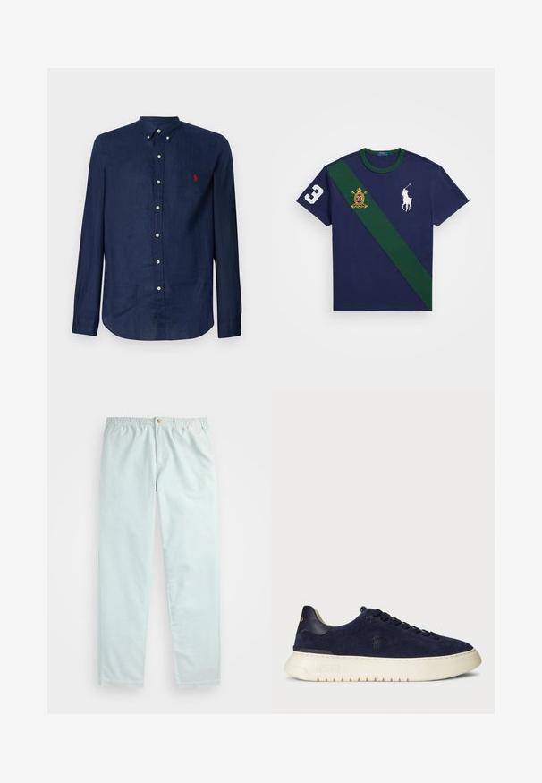 Polo Ralph Lauren SLIM FIT LINEN SHIRT - Button down-skjorte - newport navy; Polo Ralph Lauren CUSTOM SLIM FIT 20TH ANNIVERSARY T-SHIRT - T-shirts med print - newport navy/vintage pine; Lyseblå, avslappede bukser med elastisk linning, med sidelommer og en enkelt knappelukking foran.; Marineblå semsket lavsko med en teksturert overflate, gummisåle og tonede snører, med en liten logo på siden og hælen.