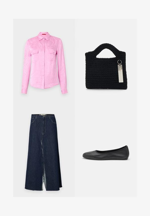 Rosa Langarmhemd mit Schlangenprint-Muster, Knopfleiste vorne, Kragen und zwei Brusttaschen; glatte Textur und taillierte Passform.; Dunkelblaue Jeans-Lange mit einem vorderen Schlitz. Sie verfügt über ein traditionelles Fünf-Taschen-Design und sichtbare Nähte. Der Saum ist ausgefranst.; Schwarze Leder-Ballettschuhe mit abgerundeter Spitze, glatter Textur, minimalen Nähdetails und einem flexiblen Sohlen-Design.; Won Hundred MARSIELLE COMPUTER BAG UNISEX - Notebooktasche - black