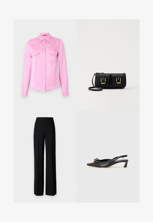Roza majica z dolgimi rokavi in vzorcem kače, s sprednjim zapenjanjem na gumb, ovratnikom in dvema žepoma na prsih; gladka textura in prilegajoča zasnova.; Črne široke hlače z gladko teksturo, z visokim pasom in središnjimi pregibi. Brez vidnih vzorcev ali kovinskih detajlov.; Črne usnjene slingback čevlje z ostrim nosom, majhnim petam in dekorativno sponko na zgornjem delu. Gladka tekstura, minimalistična zasnova.; Črna usnjena torbica čez ramo z dvema sprednjima žepoma, zlatimi zaponkami, zadrgo in ozkim pasom. Tekstura površine je strukturirana, obliko pa ima kompaktno pravokotno.