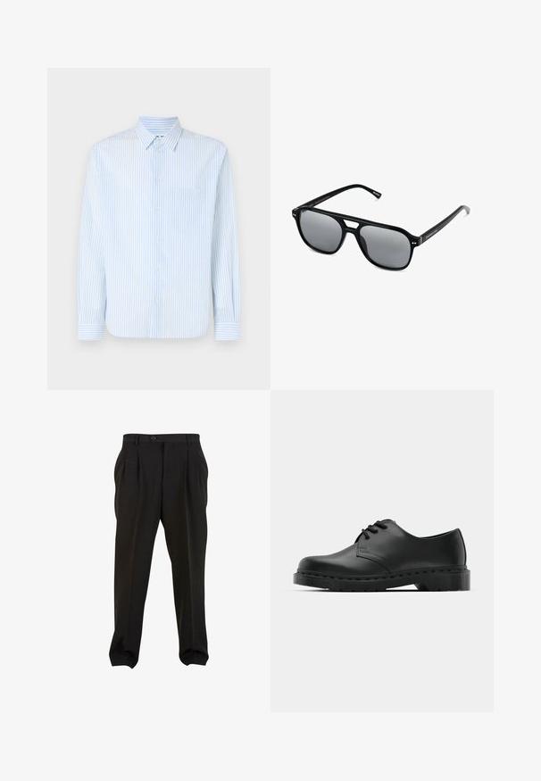 Camisa de botones a rayas azul claro, de mangas largas, con cuello estándar y un bolsillo en el pecho. Fabricada en un tejido suave con rayas verticales.; Pantalones negros de tejido suave, con pliegues frontales, cinturilla con botón y puños en los tobillos ajustados. Silueta clásica y ajustada.; Zapato oxford de cuero negro con diseño de cordones, punta redonda, suela de goma plana y un sutil detalle de costura en la parte superior.; Gafas de sol negras con montura rectangular, lentes ahumados grises y diseño con corte en el puente. Material plástico brillante y elegante, con varillas estrechas.