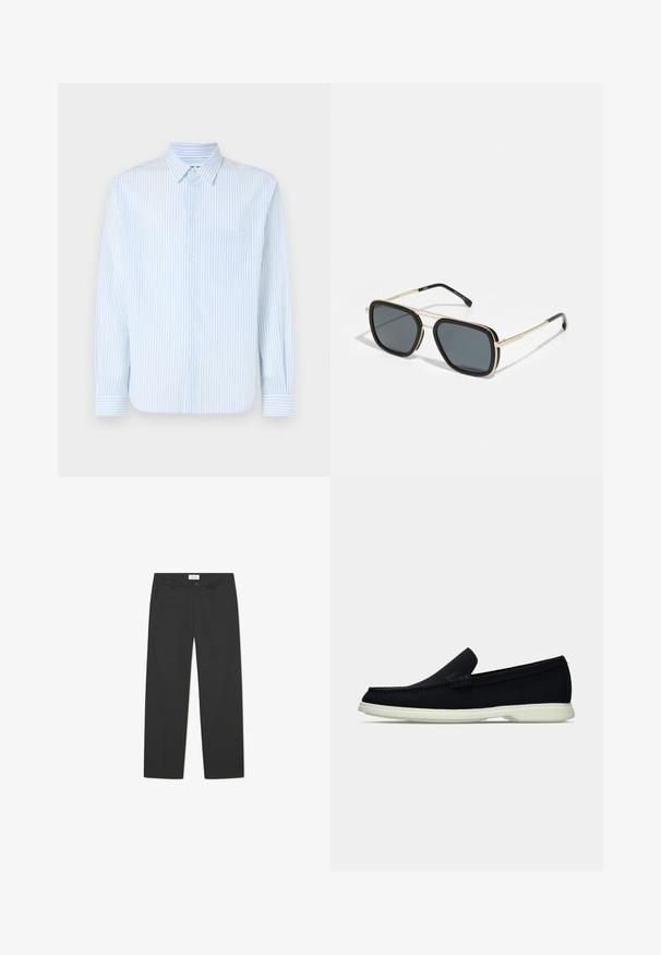 Lyseblåstripete knappskjorte med lange ermer, standard krage og ett brystlomme. Laget av et glatt stoff med vertikale striper.; Sorte bukser laget av lett stoff. Har en rett ben-design med flat front, side lommer og en diskret midje.; Svart slip-on sko med rund tå, med en teksturert overdel, glatt hvit såle, og en subtil merkevaredetalj på siden.; Svart og gull solbriller med firkantet form, metallramme, mørke grå linser og svarte temple spisser. Har dobbel bro-design.