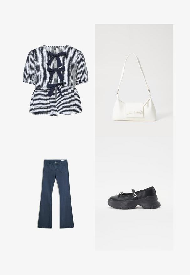 Tengerészkék és fehér csíkos blúz, rövid puffos ujjakkal, gombos elülső résszel és három szövetmasnival a nyílás mentén. Puha pamutszövet.; Sötétkék, bőszárú farmernadrág, varrott zsebekkel, gombos záródással és sima felülettel. Klasszikus ötpocket dizájnnal rendelkezik.; Fekete bőr Mary Jane cipő kerek orral, masni díszítéssel és állítható bokapánttal. Jellemzője egy masszív, ívelt díszítésű gumitalp.; Fehér szintetikus kézitáska, háromszög alakú, lapos előlap, masni részlettel, állítható pánttal, sima textúrával és minimalista dizájnnal.