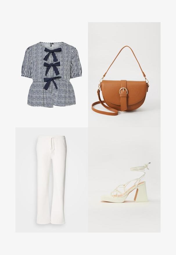 Tengerészkék és fehér csíkos blúz, rövid puffos ujjakkal, gombos elülső résszel és három szövetmasnival a nyílás mentén. Puha pamutszövet.; Fehér, laza szabású melegítőnadrág, puha anyagból készült, rugalmas derékkal és zsinórral, egyenes szárú kialakítással.; Fehér, magassarkú szandál vastag sarokkal, pántos dizájnnal és bokapánttal. Sima textúra, elülső platformmal a megnövelt magasság érdekében.; Barna bőr keresztbody táska ívelt formával, aranyszínű fémrészekkel és csat díszítéssel. Levehető vállpánttal rendelkezik.