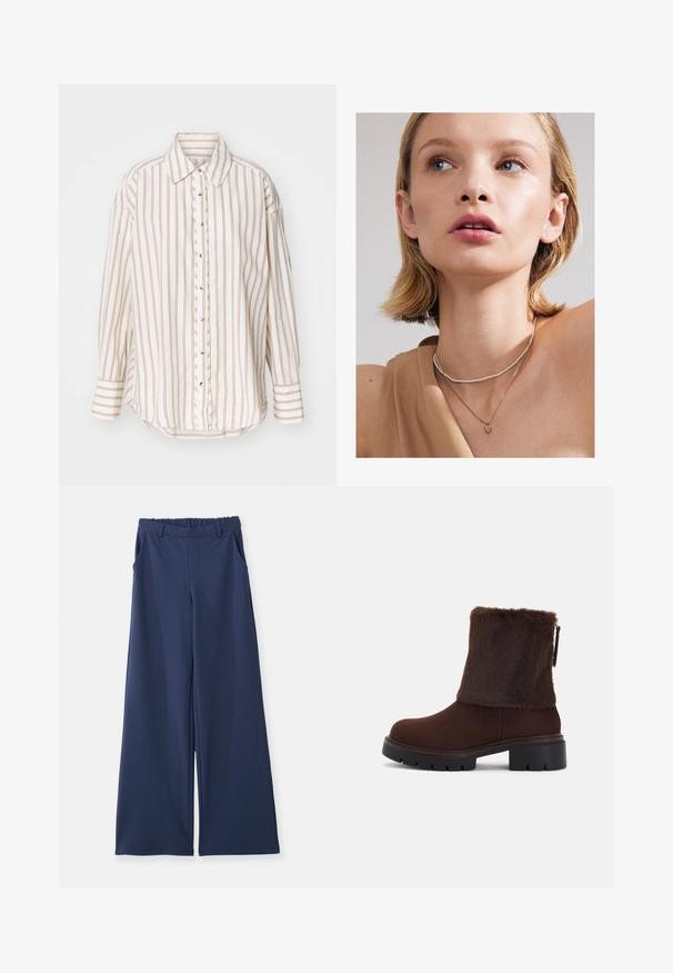 Stribet skjorte i cremefarvet og lysbrun, med knaplukning foran, krave og lange ærmer med en let buet kant.; Navyblå bukser med bred benvidde, elastisk talje, bæltestropper og sidelommer, vist fladt på en hvid baggrund.; Brune ankelstøvle med en blød kunstlæder skaft, blokhæl og tekstureret gummisål. Lynlåslukning på siden og syet detalje rundt om bunden.; Gul hjertevedhæng necklace lagdelt med en delikat sølvperle choker, båret med en beige top. Huden er glat og let oplyst.