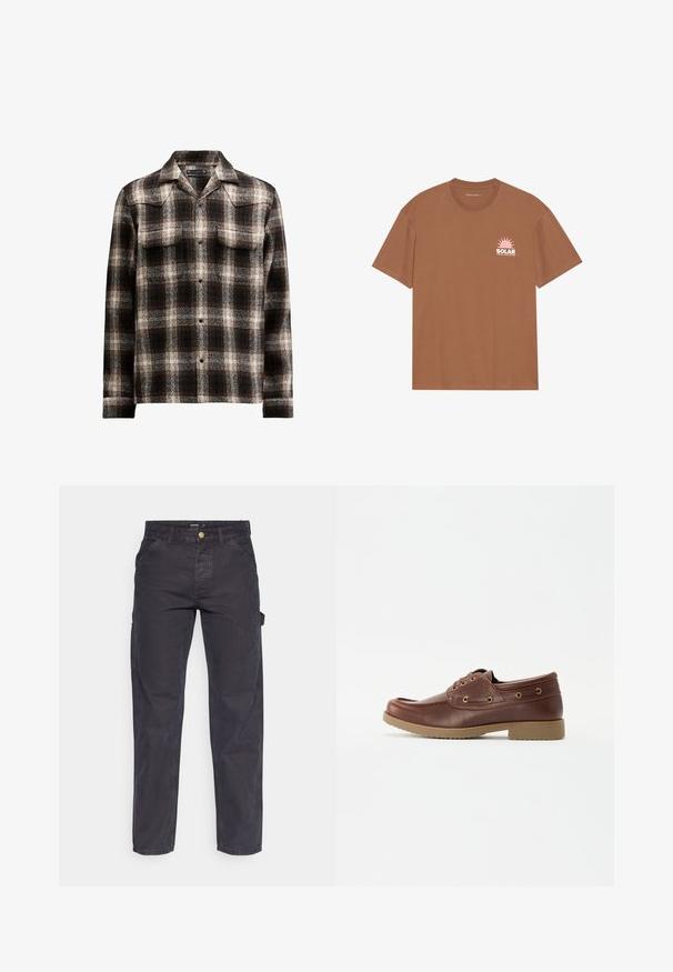 Camisa a cuadros en blanco y negro, en mezcla de lana, con cuello puntiagudo y dos bolsillos en el pecho, con cierres de botón en la parte delantera.; Camiseta de algodón marrón de manga corta, con un gráfico de sol rosa y el texto "SOLAR" en el lado izquierdo del pecho. Diseño de cuello redondo.; Pantalones cargo de color gris oscuro, confeccionados con un tejido duradero, que presentan un corte recto, cinco bolsillos y un cierre de botón en la cintura.; Zapato de barco de cuero marrón con punta redondeada, suela texturizada, ojales dorados y detalles de costura en la parte superior para un diseño clásico.