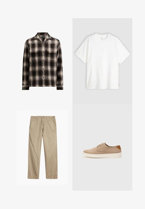 Sort og hvidt ternet skjorte i en uldblanding, med spids krave og to brystlommer, samt knaplukninger ned foran.; Hvid kortærmet t-shirt i bomuld med rund hals. Har diskret præget logo-detalje på forsiden og et rødt mærke i kanten.; Beige lige ben chinos med bæltestropper, frontknap og lynlås lukning samt skrå frontlommer.; Beige ruskinds sneakers med rund tå, snørebånd foran og en struktureret rygdetalje. Hvid gummisål giver kontrast. Enkel og moderne design.