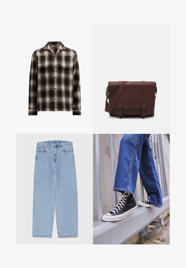 Black and white plaid shirt in a wool blend, featuring a pointed collar and two chest pockets, with button closures down the front.; Light blue denim jeans with straight leg design, featuring a mid-rise waist, five pockets, and a button and zipper closure.; Black high-top sneakers with white sole and laces, paired with loose blue denim jeans, resting on a gray railing.; Brown leather messenger bag with a flat front flap, two straps, gold hardware accents, and an adjustable shoulder strap.; Silver stainless steel watch with a round green dial, silver hour markers, date display, and a metal link bracelet. Water-resistant to 50 meters.