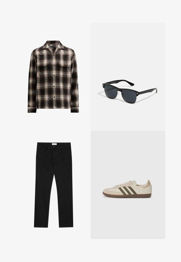 Czarna i biała koszula w kratę z mieszanki wełny, z klasycznym kołnierzykiem oraz dwiema kieszeniami na piersiach, zapinana na guziki z przodu.; Czarne jeansy straight-leg z pięcioma kieszeniami, zapięcie na guzik i zamek błyskawiczny oraz metka marki Pier One na pasku.; adidas Originals SAMBA OG UNISEX mleczny; Czarne okulary przeciwsłoneczne o prostokątnym kształcie, ciemnych soczewkach, srebrnych akcentach na zausznikach oraz matowym wykończeniu oprawki.; Biała perłowa naszyjnik o jednolitym, okrągłym kształcie, gładkiej powierzchni oraz metalowym zapięciu z przedłużanym łańcuszkiem dla regulowanej długości.