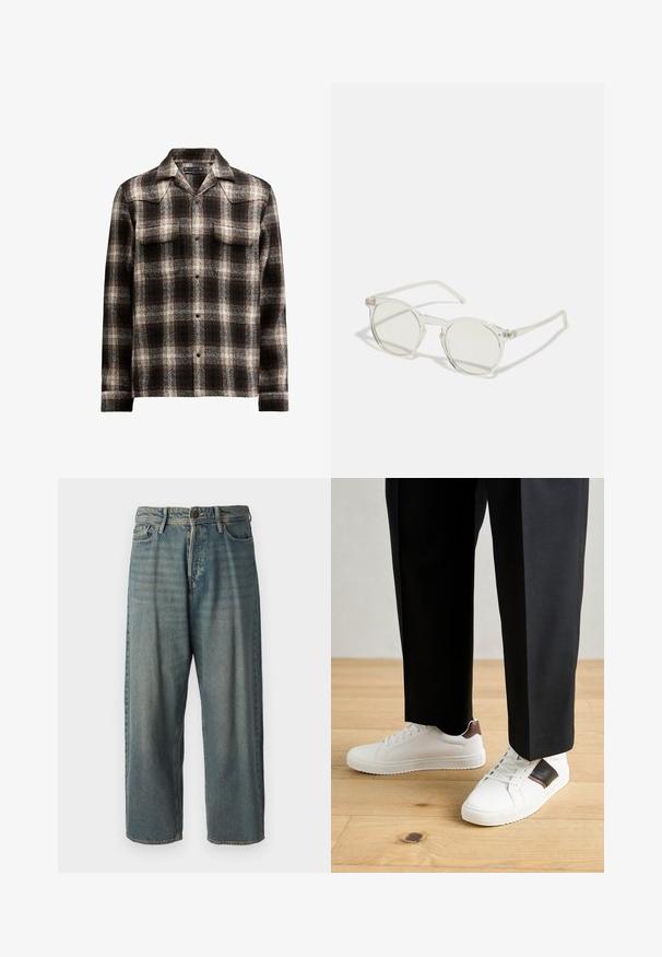Cămașă în carouri alb-negru dintr-un amestec de lână, cu guler ascuțit și două buzunare pe piept, având închidere cu nasturi pe față.; Jeans din denim bleu deschis, cu o croială lejeră, talie medie și picioare drepte. Au cinci buzunare, bucle pentru curea și închidere cu nasture.; Sneakers albe cu textură netedă, având accente din piele maro și detalii negre, asociate cu pantaloni negri pe măsură. Fundal din podea din lemn.; Ochelari de soare rotunzi cu un cadru transparent, cu lentile verde deschis și temple subțiri, clare. Prezintă accente subtile din metal pe cadru.