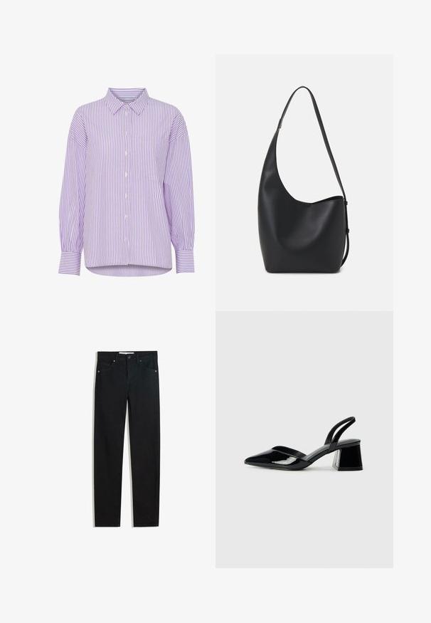 Lilla og hvid stribet langærmet skjorte med knaplukning foran og en enkelt brystlomme. Har en klassisk krave og en afslappet pasform.; Sorte denimbukser med lige ben, fem lommer, metalknaplukning og diskrete syningsdetaljer. Glat tekstur.; Sorte patentlæder slingback hæle med spids tå og en geometrisk blok hæl. Har et elegant, minimalistisk design og en glat tekstur.; Sort læder hobo taske med en glat overflade, buet form og en enkelt justerbar rem; har en bred åbning øverst.