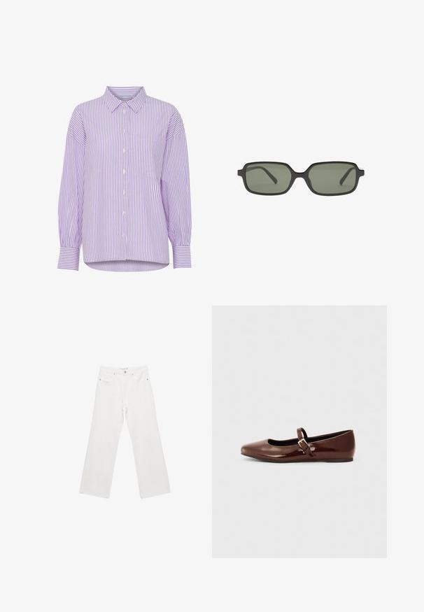 Langanat punasäde ja valge triibuline pikkade varrukatega särk, millel on nööbid ees ja üks rinna-tasku. Omab klassikalist kraed ja mugavat lõike.; Valkoiset farkkukankaiset leveälahkeiset housut, joissa on klassinen viisi-taskumalli, metalliosat ja kontrastivärinen ompelu. Sujuva pinta ja rento istuvuus.; Kahvikuvioinen patentti-nahkainen balettipohja, jossa on neliskulmainen varvasosa ja nauha, jossa on pieni kultainen solki. Sujuva pinta, matala korko ja minimalistinen muotoilu.; Mustat suorakulmaiset aurinkolasit tummanvihreillä linsseillä, joissa on litteä muotoilu, minimalistiset sivut ja kevyet kehykset mukavuutta varten.; Musta nahkainen käsilaukku letitetuilla kahvoilla, vetoketjullinen tasku ja roikkuvat tupsut. Muotoiltu pinta metallisten niittien ja varusteiden korostuksilla.