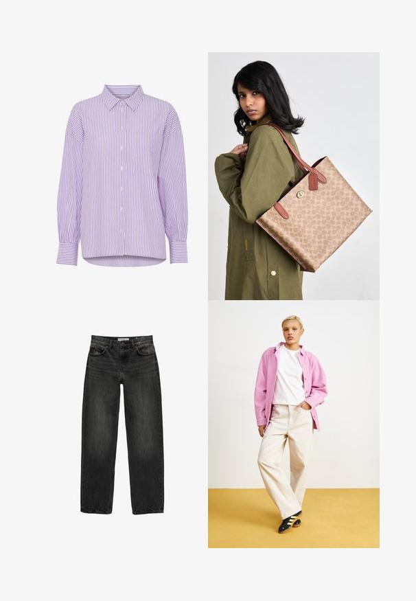 Langanat punasäde ja valge triibuline pikkade varrukatega särk, millel on nööbid ees ja üks rinna-tasku. Omab klassikalist kraed ja mugavat lõike.; Mustat farkut rentoa istuvuutta, suora lahje, viisi taskua ja hieman haalistunut pinnan rakenne. Napin ja vetoketjun sulku edessä.; Vaaleanpunainen corduroy-paita valkoisen t-paidan päällä, yhdistettynä beigeihin leveisiin housuihin ja mustiin kenkihin, joissa on keltaiset raidat. Taustalla keltainen tausta.; Ruskea kuviollinen laukku nahkakiinnikkeillä ja -käsillä. Laukussa on vetoketjukiinnitys ja se on pukeutunut vihreän takin päälle.