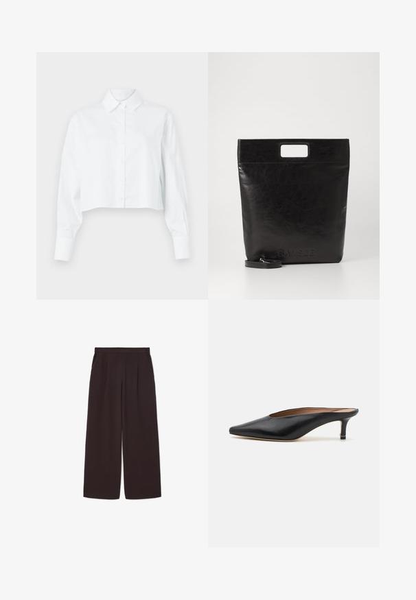 White cropped button-up shirt with long sleeves, a classic collar, and a smooth texture. Features front button closure and tailored fit.; Dark brown wide-leg pants made of lightweight fabric, featuring a high waist, pleats, and two side pockets, with an elastic waistband.; Black leather mules with a pointed toe and low, block heel. Smooth texture with a sleek design. Open back with minimal detailing.; Black leather tote bag with a square handle, featuring a textured finish and embossed logo. Includes a detachable strap.