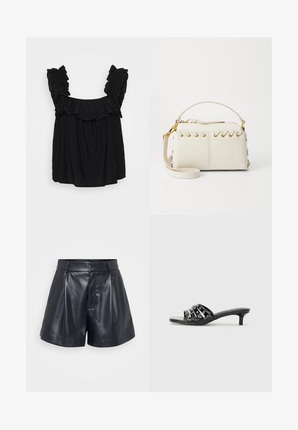Top senza maniche nero con spalline arricciate, vestibilità ampia e tessuto testurizzato con un sottile dettaglio di sovrapposizione attorno al collo.; Pantaloni corti in pelle nera con una superficie liscia, design su misura, parte frontale plissettata e passanti per la cintura; presenta una tasca con zip nascosta sul lato.; Sandali neri con tacco alto, caratterizzati da più nastri lucidi e dettagli metallici, con punta appuntita e modesti tacchi a stiletto. Texture liscia.; Borsa a mano in finta pelle bianca con zip superiore, manico corto e tracolla rimovibile con hardware in tono oro. Dettaglio di laccio laterale.; Orecchino a cerchio in argento con finitura lucida, caratterizzato da piccoli dettagli in oro e una forma tondeggiante, indossato sul lobo.