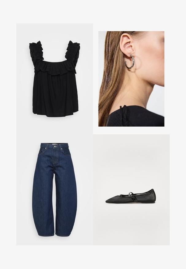 Top preto sem mangas com alças com volantes, ajuste solto e um tecido texturizado com um detalhe de camadas sutis ao redor da gola.; Calças de ganga azul escuro com um corte largo e descontraído. Apresentam fecho de correr, quatro bolsos e costura contrastante ao longo das costuras.; Sandalete preto plano com bico fino, parte superior em malha e detalhes em pele envernizada. Apresenta uma tira fina com um detalhe em metal circular.; Brinco de argola prateada com acabamento polido, apresentando pequenos detalhes em dourado e uma forma redonda, usado na orelha.