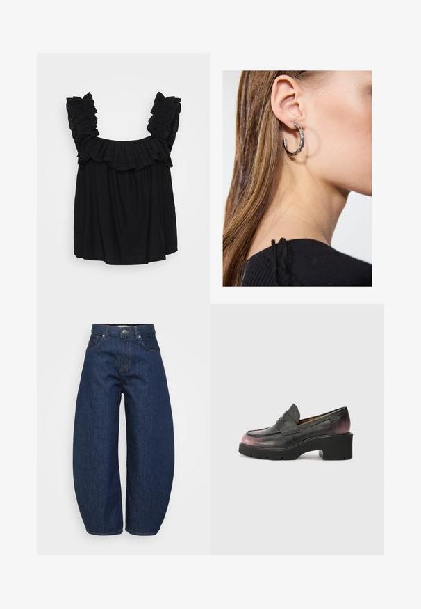 Must tükkhihaga, millel on volangiga õlavarre rihmad, lõdvema lõikega ja tekstuuriga kangas, millel on peened kihistamisdetailid kaeluses.; Tumesinised teksapüksid laiade, lõdvalt istuvate lõigetega. Varustatud luku ja nelja taskuga ning kontrastse õmblusega õmbluste ääres.; Mustad mustrandi nahast kingad ümmarguse varbaga, aktsentrihmaga ja mustast tumepunase tooni üleminekuga kanna juures. Omavad paksemat tallat.; Hõbedane rõngas kõrvarõngas poleeritud viimistlusega, millel on väikesed kuldsed aktsendid ja ümmargune kuju, kantud lobus.