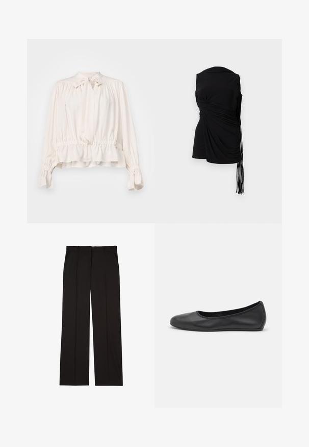 Krémbár színű blúz, kötőnyakú, redőzött ujjakkal és gumis derékkal. Simább, könnyű anyagból készült, laza szabású.; Fekete ujjatlan felső, fodros anyaggal, oldalsó gyűjtéssel és megnyúlt frufru részletekkel, sima textúrával és testéhez simuló fazonnal.; Fekete, sima anyagból készült, szabott nadrág, egyenes vonalú szabással és két oldalsó zsebbel. Elegáns és minimalista kialakítás.; Fekete bőr balettcipő lekerekített orral, sima tekstúrával, minimális varrással és rugalmas talp kialakítással.