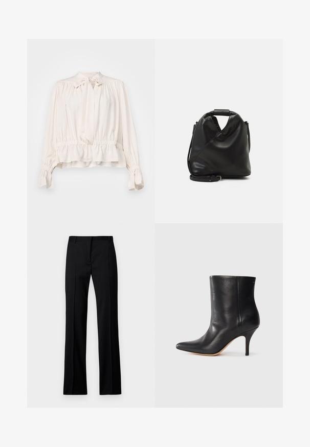 Krämfärgad blus med knytkrage, volangärmar och elastisk midja. Tillverkad av ett mjukt, lätt tyg med en avslappnad passform.; Svarta raka byxor i slätt tyg, med platt front, bälteshällor och utan synliga fickor eller dekorationer.; Svart läderankelboot med spetsig tå, smal stilettklack och slät yta. Minimalistisk design utan synlig hårdvara eller dekorationer.; Svart, mjukt läderhandtag med en unik vriden design. Har ett kort handtag och ett avtagbart axelband. Minimalistisk stil.