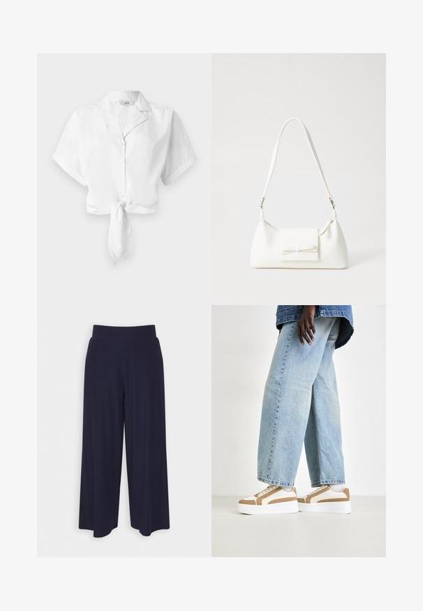 White cropped shirt with short sleeves and a collar, featuring a knot at the front and button closure down the center. Smooth fabric texture.; Wide-leg trousers in dark navy fabric with a ribbed texture. Features a smooth waistband and a flowy silhouette, reaching mid-calf length.; Platform sneakers with a white sole, beige accents, and a mix of fabric textures, paired with loose-fitting light blue denim jeans.; White synthetic handbag with a triangular shape, flat front flap and bow detail, adjustable strap, smooth texture, and minimalistic design.