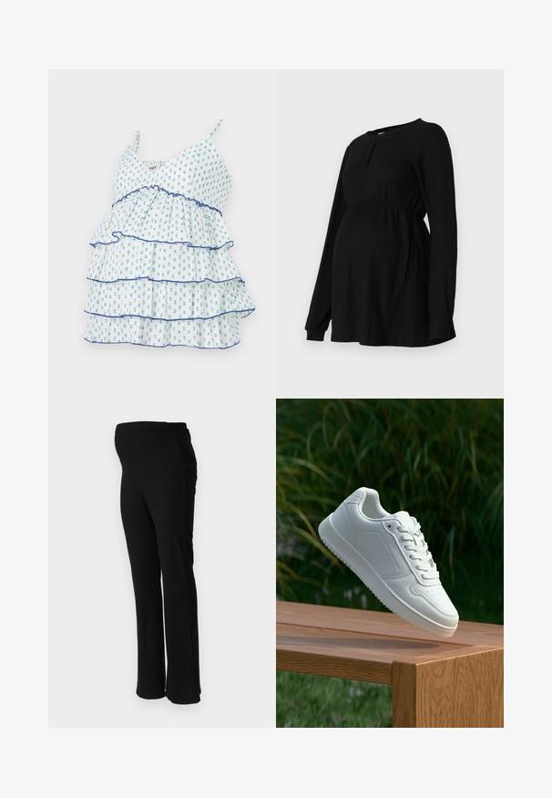 Bílý vrstevnatý top s modrým květinovým potiskem, volánkovými okraji a tenkými nastavitelnými ramínky. Lehká tkanina s volným střihem.; Černý těhotenský top s dlouhými rukávy, ribbovanou strukturou, elastickým pasem a kulatým výstřihem se středně velkým otvorem vpředu.; ONLY MATERNITY OLMHALLE - Kalhoty - black; Bílé tenisky s hladkým syntetickým svrškem, perforovanou špičkou, plochými tkaničkami a texturovanou podrážkou, vystavené na dřevěném povrchu.