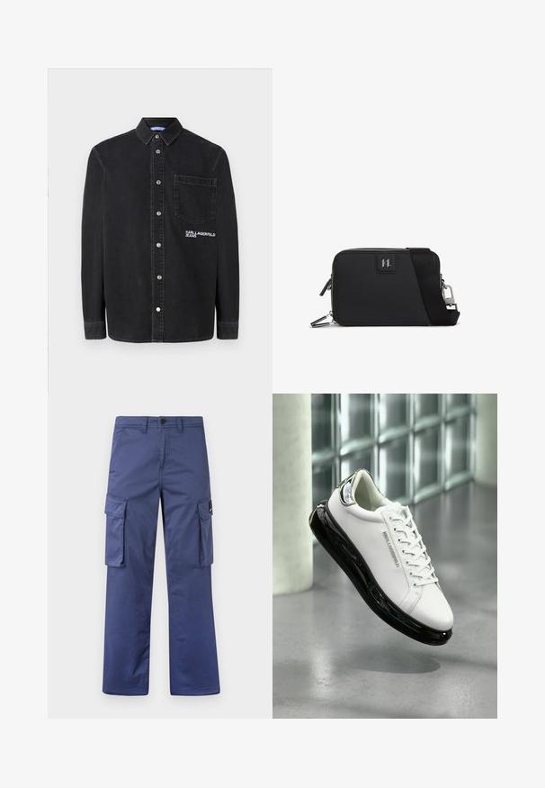 Μαύρο πουκάμισο με κουμπιά από τζην, διαθέτει γιακά, μακρύ μανίκι, μπροστινή τσέπη και κεντητό λογότυπο στο στήθος.; Ναυτικές cargo παντελόνες από ανθεκτικό ύφασμα, με πλαϊνές τσέπες, ίσια γραμμή και κουμπί κλεισίματος στη μέση.; Λευκό δερμάτινο αθλητικό παπούτσι με μαύρη ελαστική σόλα και διαφανείς λεπτομέρειες. Περιλαμβάνει κορδόνια και ανάγλυφο λογότυπο, τοποθετημένο σε γκρίζα επιφάνεια.; Μαύρη ορθογώνια τσάντα από υλικό με υφή, με φερμουάρ κλεισίματος, ρυθμιζόμενο λουρί και λογότυπο μπροστά.
