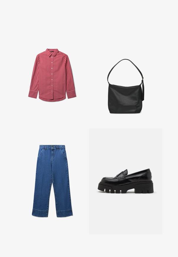 Camicia a maniche lunghe a righe rosse con colletto classico, pattina dei bottoni e sottili strisce bianche su un tessuto liscio.; Due magliette a girocollo, in nero e bianco, realizzate in cotone. Presentano maniche corte e un design a tinta unita, senza fantasie né accenti.; Pantaloni in denim a gamba larga di colore blu medio. Presentano una vita alta, tasche frontali e un orlo leggermente sfilacciato. Design classico a 5 tasche.; Mocassini in pelle nera con suola piatta spessa e texturizzata e una fascia decorativa sulla parte superiore. Finitura liscia e lucida.; Borsa a spalla in pelle nera con una texture liscia, corpo largo, tracolla sottile e chiusura a zip nella parte superiore.