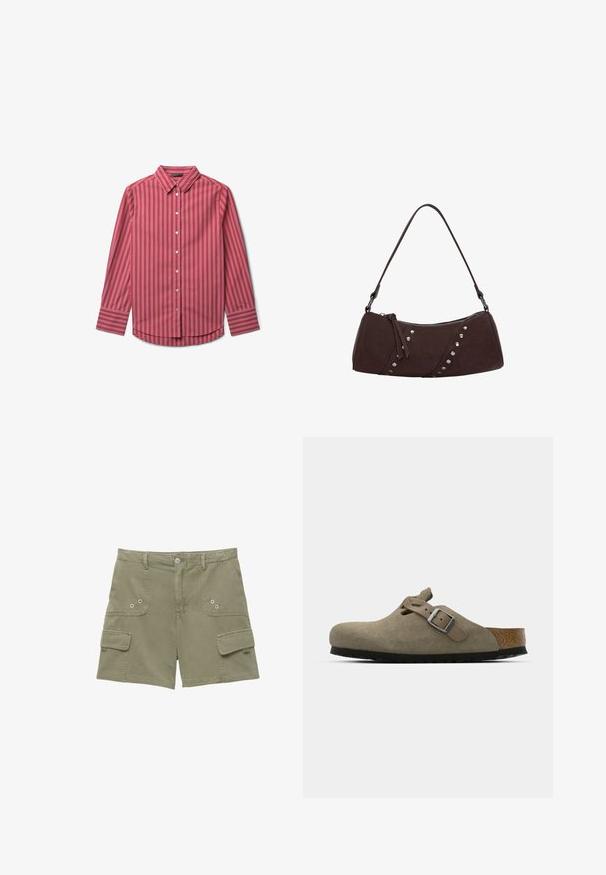 Langärmliges Hemd mit roten Streifen, das einen klassischen Kragen, eine Knopfleiste und dezente weiße Streifen auf glattem Stoff aufweist.; Cargo-Shorts aus olivgrünem Baumwollstoff mit zwei vorderen Taschen, einer Seitentasche und Metallknopfverschluss. Glatte Textur und taillierte Passform.; Wildleder-Clogs in hellolivgrün mit einer geformten Kork- und Gummisohle. Verfügt über einen Seitenriemen mit einer metallischen Schnalle und einer abgerundeten Zehenpartie.; Braune Handtasche aus synthetischem Leder mit geschwungener Form, Reißverschluss und dekorativen silbernen Nieten auf einer Seite. Verfügt über einen kurzen Schultergurt.