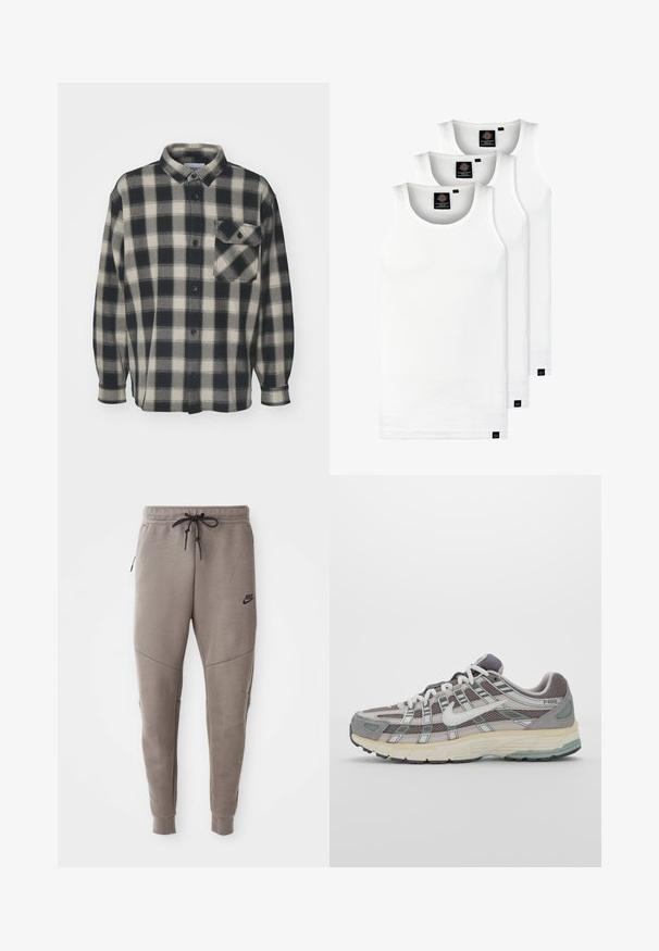 Camisa de franela a cuadros en negro y crema con mangas largas, cierre de botones y un bolsillo en el pecho. Textura suave, diseño con cuello y dobladillo recto.; Tres camisetas sin mangas de algodón de color blanco con canalé. Cuentan con cuello redondo y pequeñas etiquetas negras cerca del dobladillo. Disponibles en múltiples tamaños.; Pantalones de chándal grises de Nike con cintura ajustable, piernas ajustadas, bolsillos laterales y costuras distintivas. Tejido suave y texturizado.; Zapatilla deportiva gris con parte superior de malla y ante, acentos blancos, suela acolchada y un diseño distintivo con elementos reflectantes.