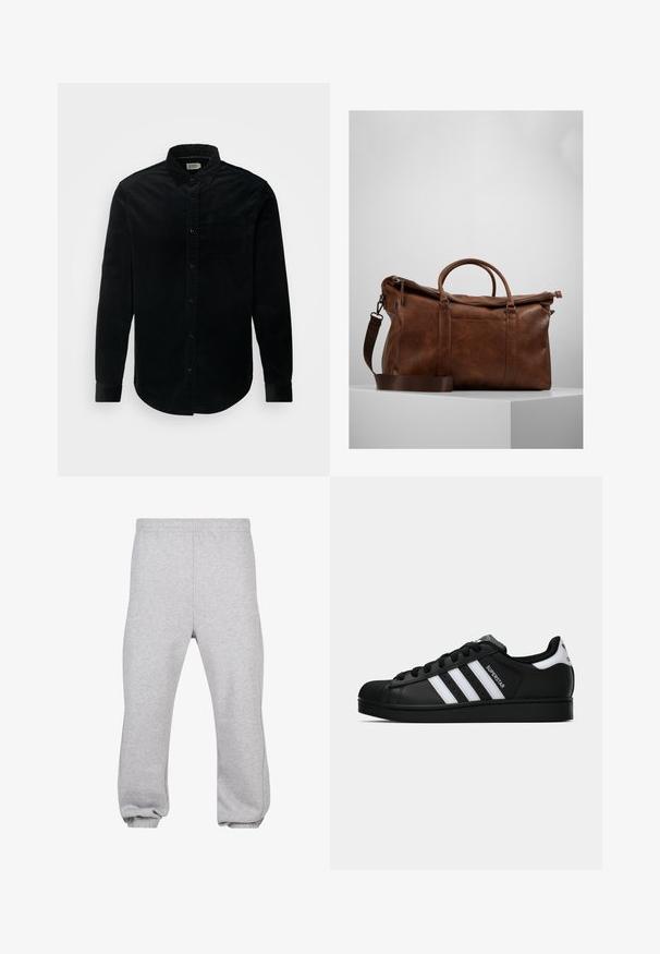 Mustritud must korki-särk pika varrukaga, nööbid ees, allapoole langenud krae, üks rinna tasku ja ümar alus. Tekstureeritud kangas.; Hallide hallid puuvillasegusest kangast dressipüksid, millel on elastne vöökoht, kitsenevad jalad ja mansetid. Lihtne disain, ilma mustriteta.; Mustad musta värvi Adidas Superstar toss, millel on valged triibud, koonuseline varvas ja küljes "Superstar" tekst, esitatud külgvaates valgel taustal.; Pruunist nahast nädalavahetuse kott, millel on lukuga sulgur, topeltkäepidemed, reguleeritav õlavarre rihm ja nähtavad tekstuurimustrid pinnal.