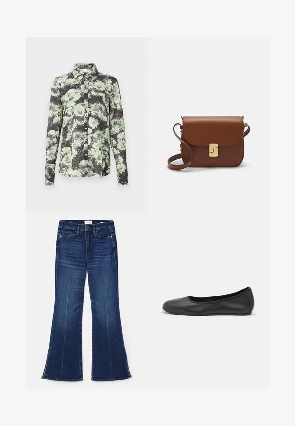Chemise à boutons avec un motif floral noir et vert, au design col, manches longues et tissu texturé.; Jean évasé bleu foncé en denim. Il présente une taille haute, des poches avant et des fentes au bas. Design classique à cinq poches.; Ballerines en cuir noir avec un bout rond, texture lisse, détails de couture minimalistes et design de semelle flexible.; Sac à main en cuir marron avec une fermeture à rabat, des accents en métal doré, une bandoulière et une texture lisse. Forme rectangulaire compacte.