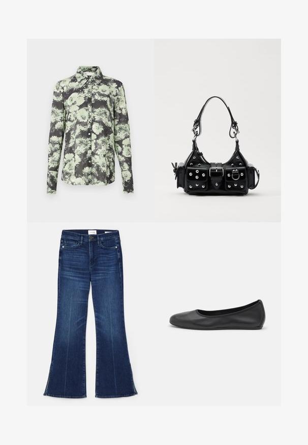 Button-up shirt featuring a black and green floral pattern, collared design, long sleeves, and a textured fabric.; Dark blue flared jeans made from denim. Features a high waist, front pockets, and slit details at the hem. Classic five-pocket design.; Black leather ballet flat with a rounded toe, smooth texture, minimal stitching detail, and a flexible sole design.; Black leather handbag with a curved design, featuring silver studs, a buckle, and two side pockets. Adjustable strap for carrying options.