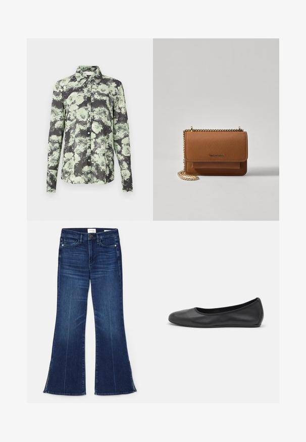 Button-up shirt featuring a black and green floral pattern, collared design, long sleeves, and a textured fabric.; Dark blue flared jeans made from denim. Features a high waist, front pockets, and slit details at the hem. Classic five-pocket design.; Black leather ballet flat with a rounded toe, smooth texture, minimal stitching detail, and a flexible sole design.; Brown textured leather crossbody bag with gold chain strap and flap closure. Front features logo detail and a pocket under the flap.