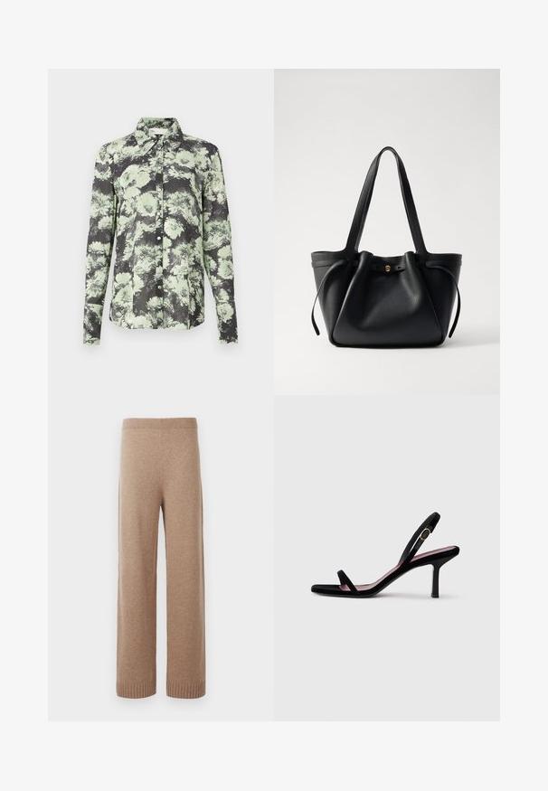 Button-up shirt featuring a black and green floral pattern, collared design, long sleeves, and a textured fabric.; Wide-leg, high-waist beige knit pants with ribbed waistband and cuffs, displayed against a white background.; Black suede women's high-heeled sandal with slim straps and a gold buckle on a white background, side view.; Black leather tote bag with two long straps, a cinched top, and a gold circular accent. Smooth texture with a minimalist design.