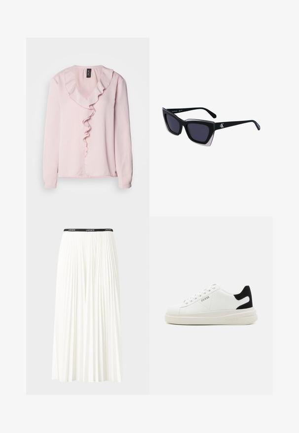 Lichtroze blouse met lange mouwen en een V-hals, voorzien van een decoratieve ruches langs de voorkant. Zacht materiaal, casual pasvorm.; Plisséminirok in het wit met een zwarte elastische tailleband met het "LACOSTE"-logo. Middellange ontwerp met een zachte textuur.; Witte leren sneakers met een dikke witte zool, zwarte suède hielaccent en een geperst logo op de zijkant. Vetersluiting met zes oogjes.; Zwarte oversized zonnebril met een geometrische vorm, voorzien van donkere glazen en een contrasterend grijs detail op het montuur. Logo op de arm.