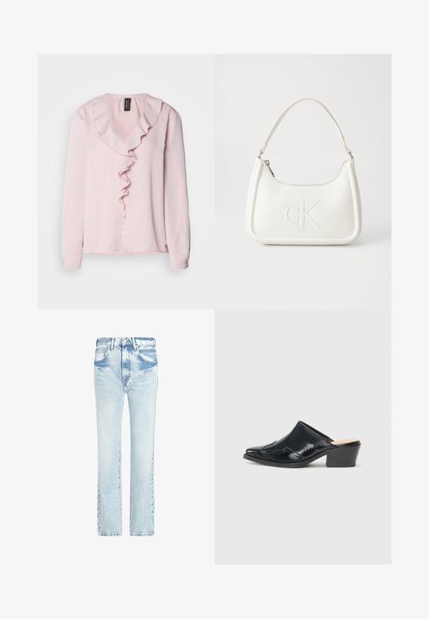 Helles rosa langärmliges Bluse mit V-Ausschnitt und einem dekorativen Rüschendetail an der Vorderseite. Weicher Stoff, lässige Passform.; Helle blaue Jeans aus Denim mit geradem Bein, fünf Taschen und einem abgenutzten Textur. Merkmale sind sichtbare Nähte und ein klassischer Knopfverschluss.; Schwarze Lackleder-Mules mit einer spitzen Zehenpartie, einem geschwungenen Design und einem niedrigen Blockabsatz, der dekorative Nähte entlang des Obermaterials aufweist.; Weiße Lederhandtasche mit abgerundeter Form, ausgestattet mit einem geprägten "CK"-Logo auf der Vorderseite und einem Einzel-Schultergurt. Reißverschluss oben.