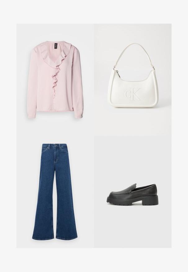Světle růžová halenka s dlouhým rukávem a výstřihem do V, zdobená volánkem na přední straně. Měkká látka, volný střih.; Modré zvonové džíny s vysokým pasem, které mají pět kapes, knoflíkovou zapínání a kontrastní švy.; Černé kožené mokasíny s okrouhlou špičkou, silnou strukturovanou podrážkou a minimálními detaily šití. Elegantní design bez viditelných tkaniček nebo kovových prvků.; Bílá kožená kabelka s křivkovým tvarem, na přední straně s vyraženým logem "CK" a jediným ramenním popruhem. Zipový uzávěr na vrchu.
