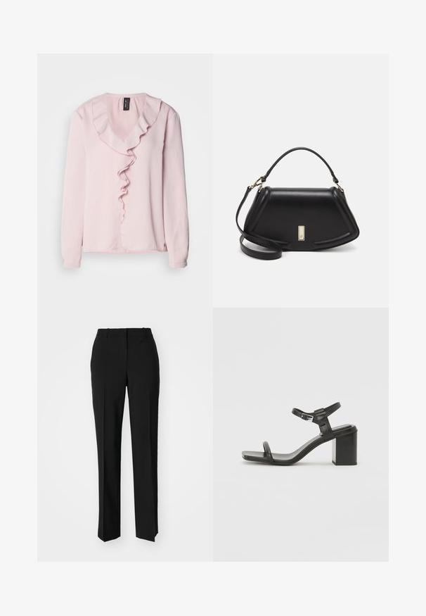 Lys rosa langermet bluse med V-hals, prydet med en dekorativ volang langs fronten. Mykt stoff, avslappet passform.; Sorte skreddersydde bukser med rett silhuett, med en glatt tekstur og klare pressede bretter foran. Ingen synlig maskinvare.; Sorte lærblokkhæl sandal med en bred rem over tærne og en justerbar ankelrem, med et stilrent, minimalistisk design.; Sort lærveske med en strukturert design, som har en avkortet form, topphåndtak og detaljer i gull. Justerbar skulderstropp inkludert.