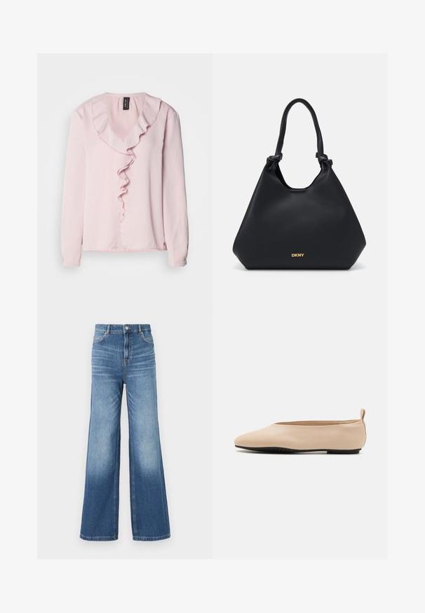 Blusa rosa chiaro a maniche lunghe con scollatura a V, caratterizzata da un ruffle decorativo sul davanti. Tessuto morbido, vestibilità casual.; Jeans in denim azzurro chiaro a gamba larga con vita alta, dotati di cinque tasche, passanti per cintura e una leggera sfumatura verso l'orlo.; Ballerine in pelle beige con un design a profilo basso, punta rotonda e suola in gomma nera, con un piccolo anello posteriore per facilitare l'indossamento.; Borsa a tote in pelle nera con una finitura strutturata, dettagli con manici annodati e logo dorato alla base. Presenta una silhouette morbida.